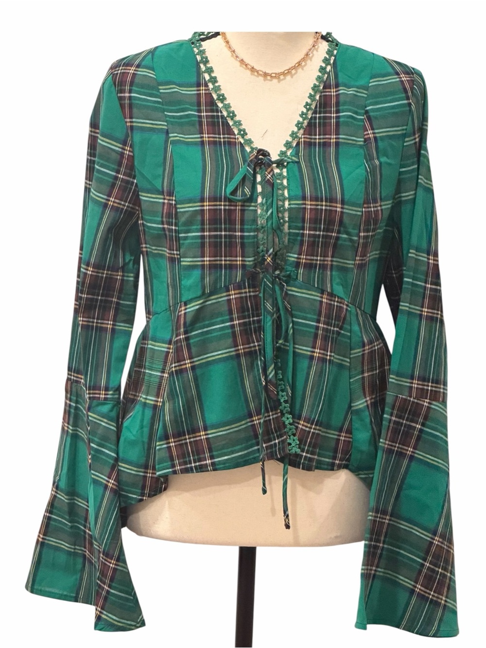 Green Plaid Lace-Up Peplum Blouse by
